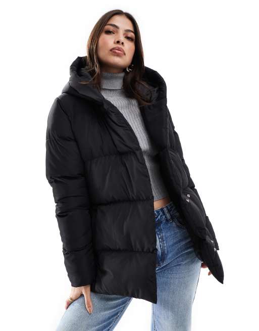 Threadbare side fasten hooded puffer in black ASOS