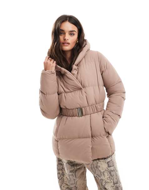 Threadbare side fasten hooded puffer in taupe - view 1