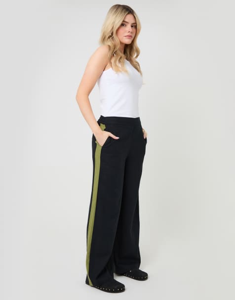 Threadbare Side stripe linen blend wide leg trousers in black - view 1