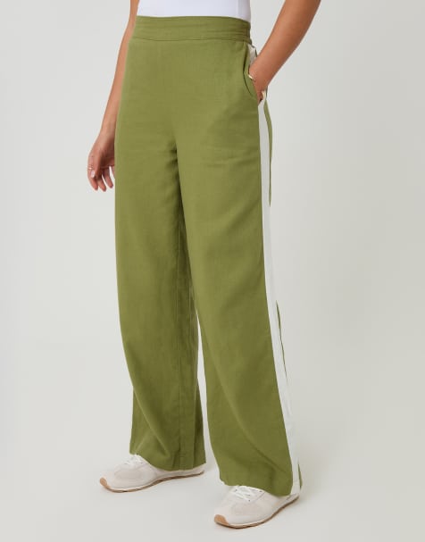 Threadbare Side stripe linen blend wide leg trousers in olive