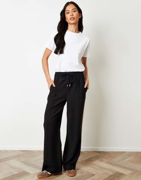 Threadbare Side stripe pull on wide leg trousers in black