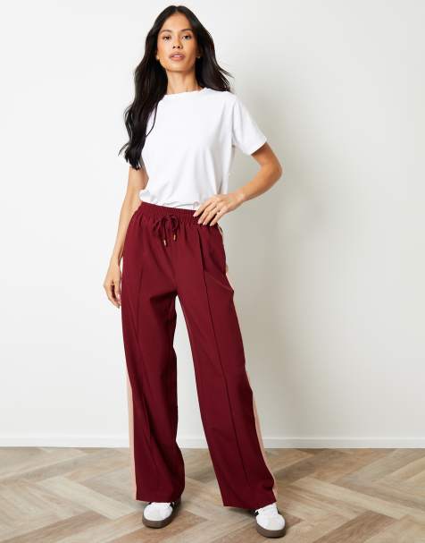 Threadbare Side stripe pull on wide leg trousers in wine - view 1