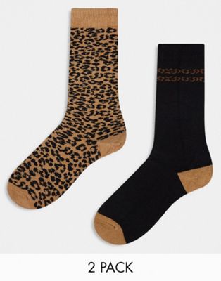 Threadbare Ski 2 pack printed socks in leopard print