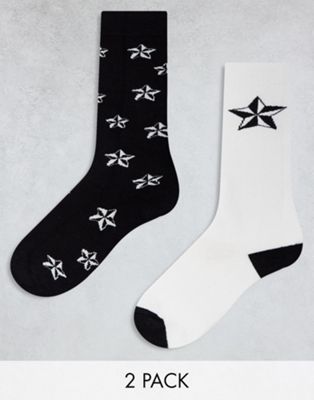 Threadbare Ski 2 pack printed star socks in monochrome