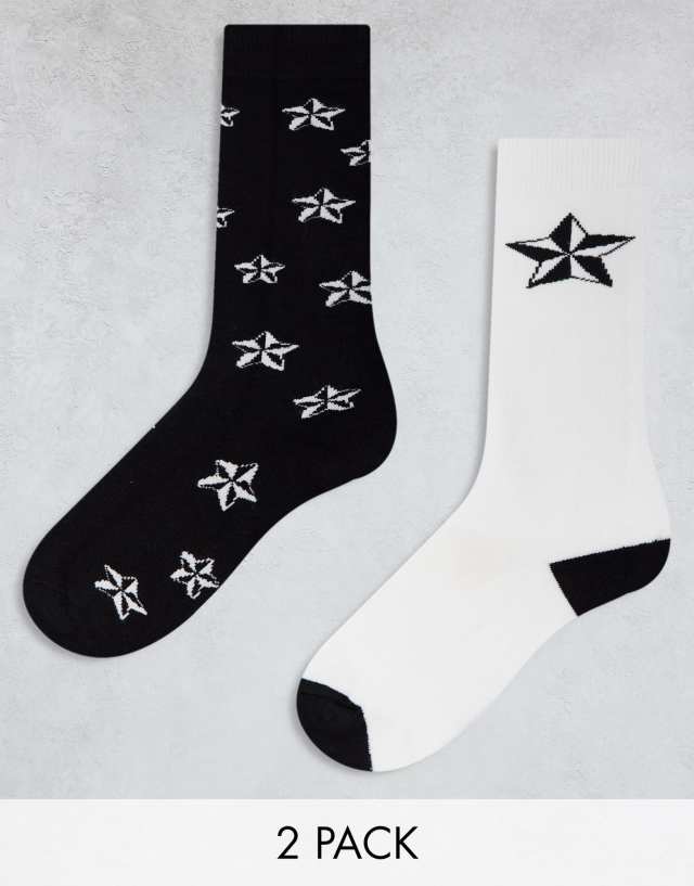 Threadbare - ski 2 pack printed star socks in monochrome