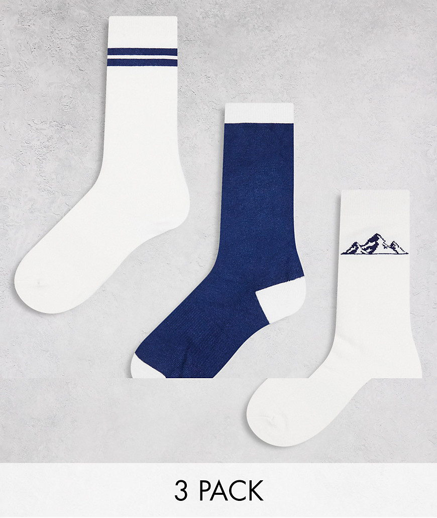 Threadbare Ski 3 pack printed socks in ecru-Navy