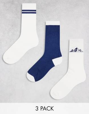 Threadbare - Ski - 3er-Pack Socken in Ecru mit Motiv-Marineblau