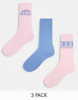 Threadbare - Ski - 3er-Pack Socken in Rosa mit Motiv