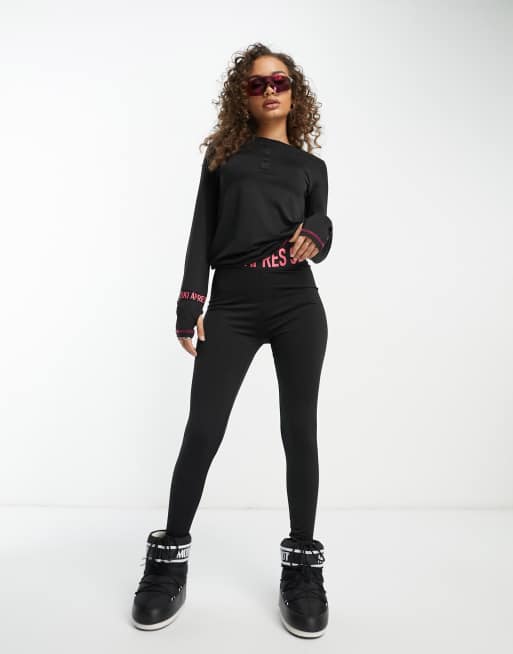 Threadbare Ski base layer banded waistband leggings and long sleeve top set  in black