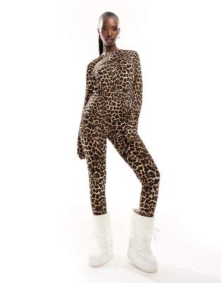 Threadbare Ski base layer top and leggings set in allover leopard print-Black