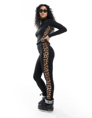 Threadbare Ski Base Layer Top And Leggings Set In Black With Contrast Leopard Print