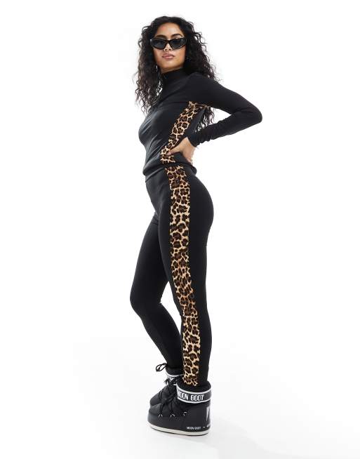 Threadbare Ski base layer top and leggings set in black with contrast  leopard print