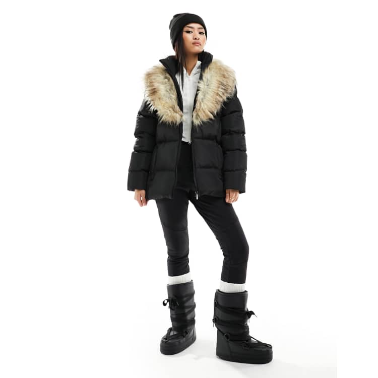 Threadbare Ski belted puffer coat with faux fur collar in black ASOS