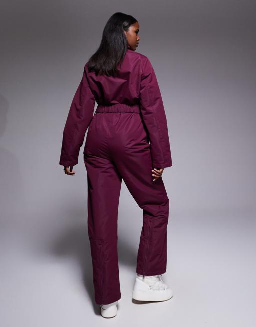Threadbare Ski button front ski suit in burgundy