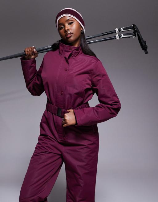 Threadbare Ski button front ski suit in burgundy