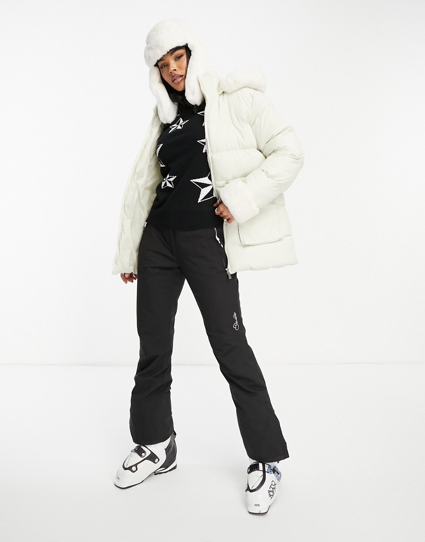 Threadbare Ski cinched waist hooded puffer coat with faux fur trims in ecru-White