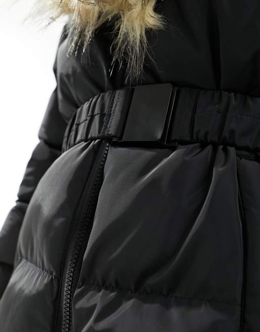 Threadbare Ski – Czarny ocieplany płaszcz narciarski z paskiem i kołnierzem wykończonym sztucznym futrem, 4 z 4