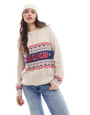 Ski design cable knit sweater in ecru-White