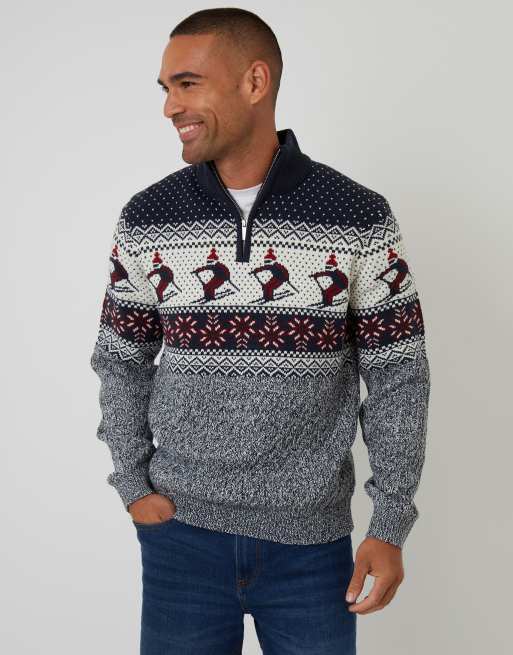 Threadbare Ski fairisle cable knit quarter zip jumper in navy
