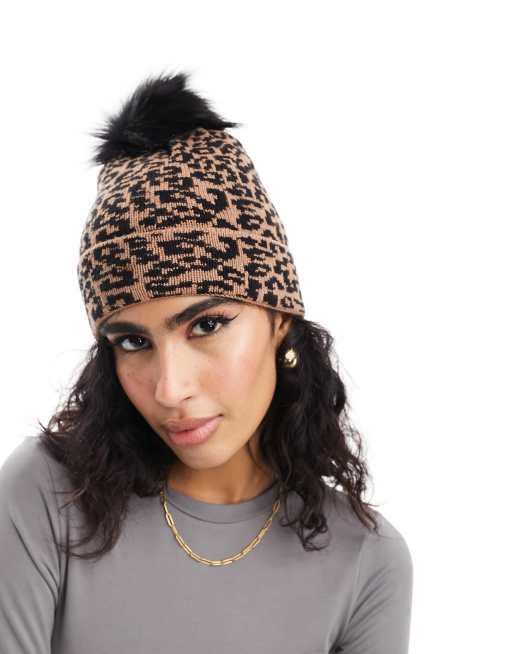 Threadbare Ski faux fur bobble hat in leopard print