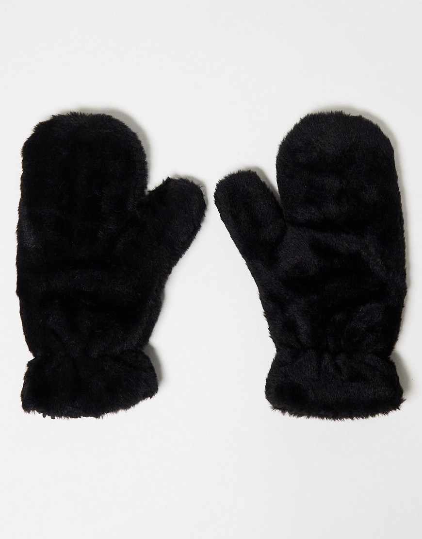 Threadbare Ski faux fur mittens in black