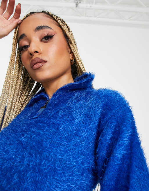 Threadbare Ski fluffy knit jumper with zip in blue ASOS