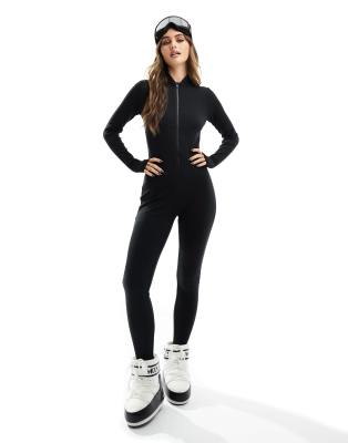 Threadbare - Ski - Gerippter Baselayer-Jumpsuit in Schwarz mit durchgehendem Reißverschluss