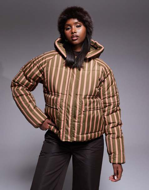 Threadbare - Ski - Gestreepte puffer jas met capuchon in groen en roze - view 1