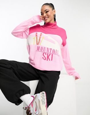 Threadbare Ski high neck printed jumper in pink - ASOS Price Checker