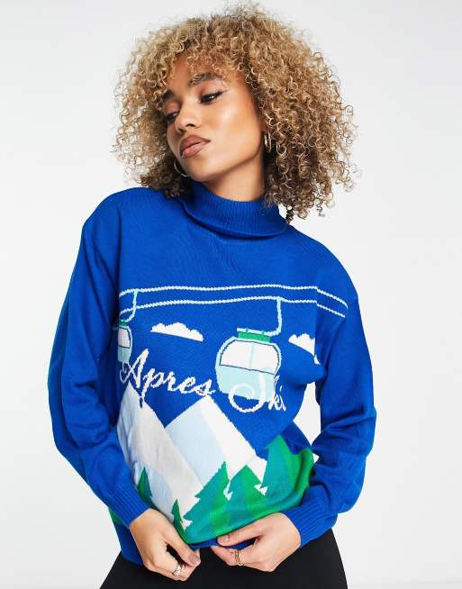 Threadbare Ski high neck printed sweater in blue | ASOS