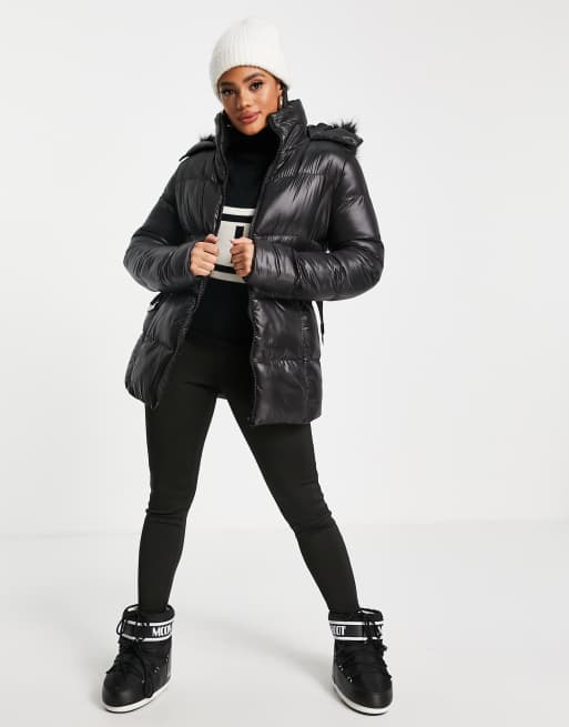 High shine faux fur trim puffer deals