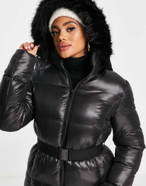 Black high shine puffer jacket with store fur hood