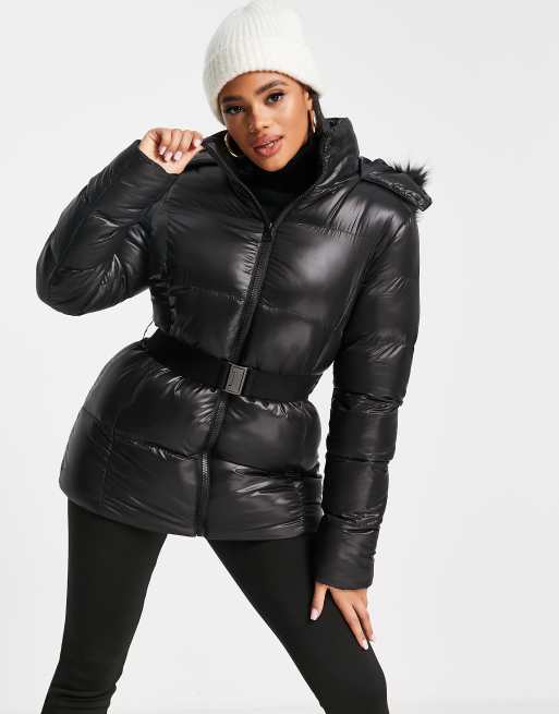 Black high shine puffer jacket with fur outlet hood