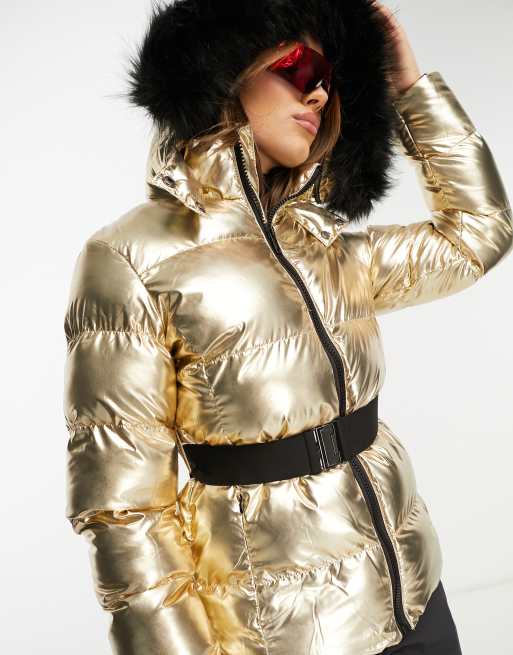 Threadbare Ski high shine puffer jacket with faux fur hood in gold