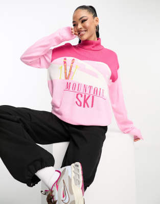 Threadbare - Ski - Hochgeschlossener bedruckter Pullover in Rosa