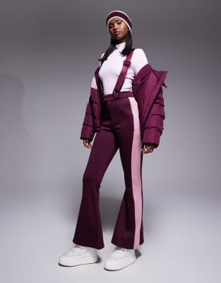 Threadbare - Ski-Latzhose in Burgunderrot mit Kontraststreifen in Rosa