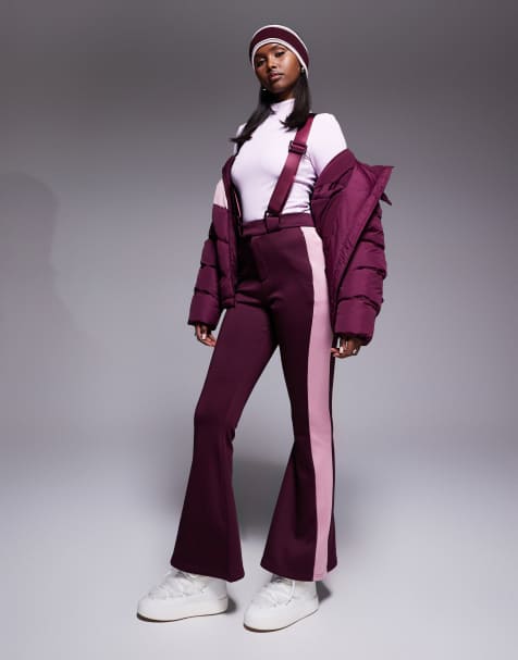 Threadbare – Ski-Latzhose in Burgunderrot mit Kontraststreifen in Rosa - view 1