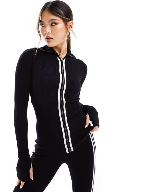 Threadbare - Ski - Leggings di un set con top con zip in maglia nera con dettagli bianchi a contrasto