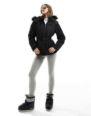 Threadbare Ski - Mantel in Schwarz mit Gürtel und Kapuze mit Kunstpelzbesatz
