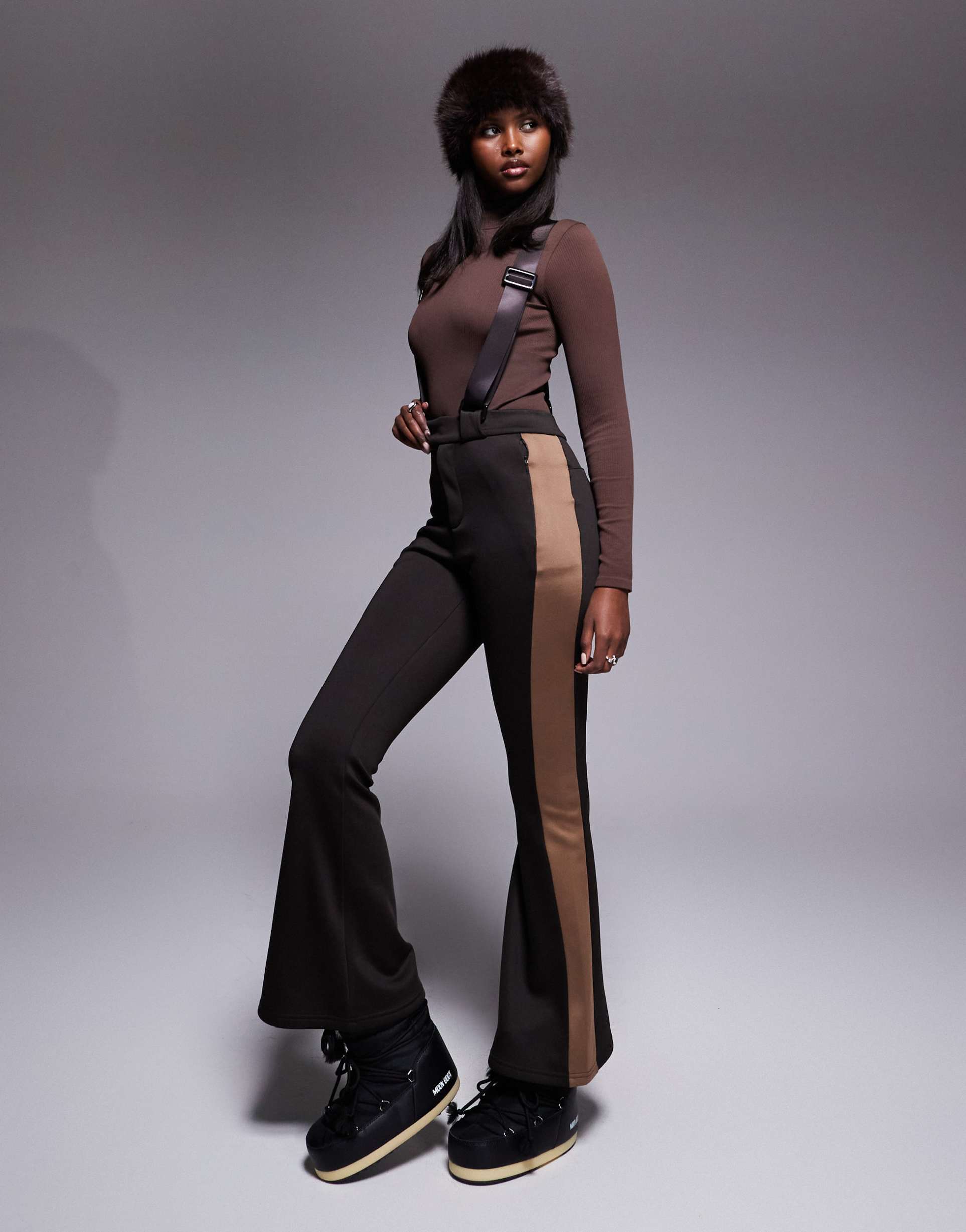 threadbare ski overalls with contrast panels in chocolate brown and camel