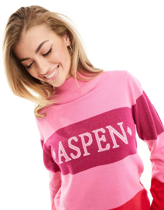 Threadbare - ski printed roll neck jumper in pink