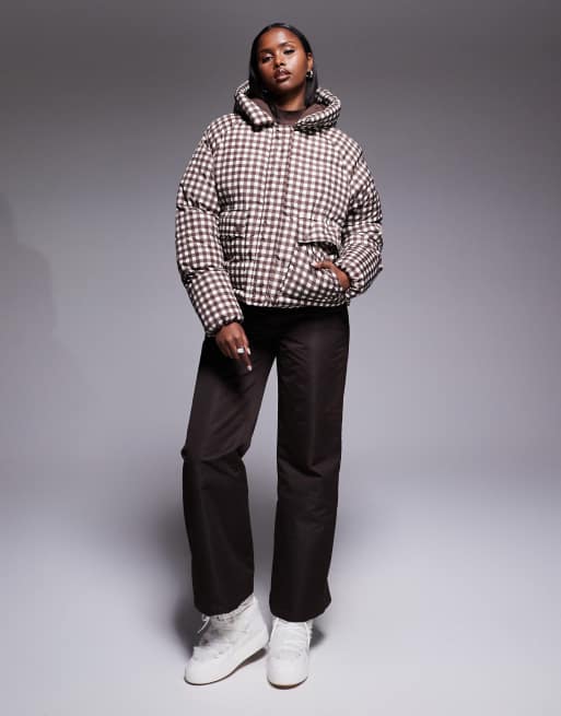 Threadbare Ski puffer coat with hood in brown check print ASOS