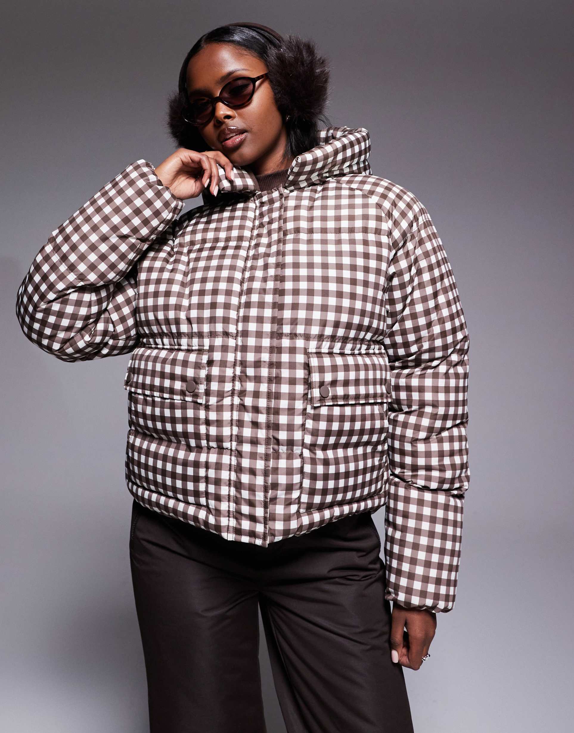 threadbare ski puffer coat with hood in brown gingham print