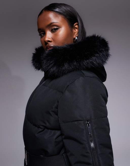 Threadbare Ski puffer jacket with faux-fur collar in black