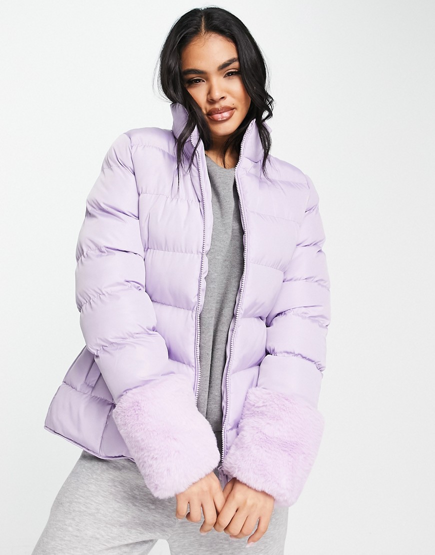 Threadbare Ski puffer jacket with faux fur cuffs in lilac-Purple
