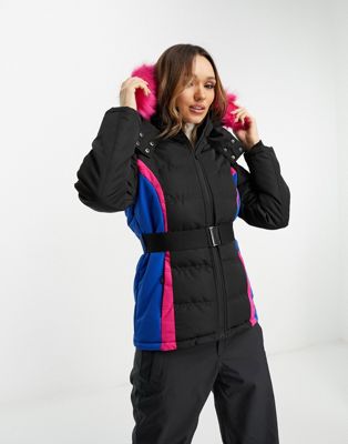 Threadbare Ski puffer jacket with faux fur trim hood in black and pink