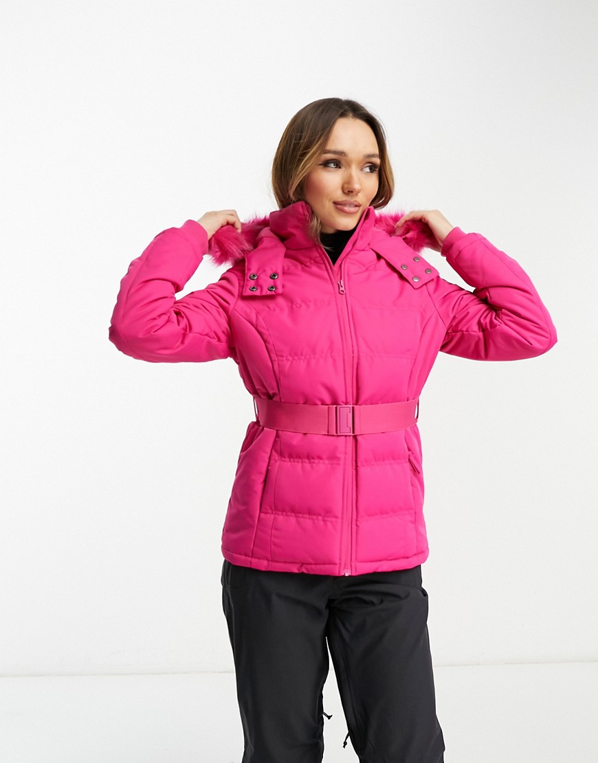 Threadbare Ski puffer jacket with faux fur trim hood in pink