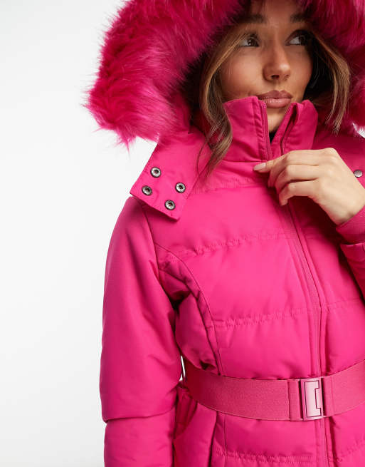 Pink ski jacket store fur hood