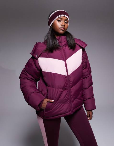 Threadbare Ski puffer jacket with pink panel contrast in burgundy
