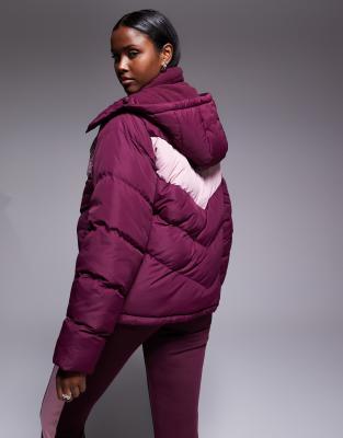 Threadbare Ski Puffer Jacket With Pink Panel Contrast In Red